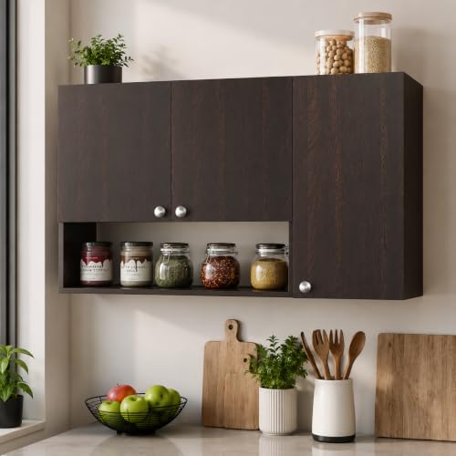 Image of FURNEASER Diana Wall Mounted Kitchen Cabinet with Doors & Open Shelves | Engineered Wood Wall Storage Cabinet for Kitchen, Dining Room & Utility | Modern Wall Organizer Cupboard (Wenge)