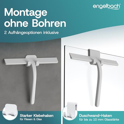 Engelbach® Duschabzieher - streifenfreies Abziehen ohne Quietschen – ergonomischer Abzieher Dusche mit rutschfestem Griff - Fensterabzieher, Inkl. 2 Halterungen, 28cm, weiß