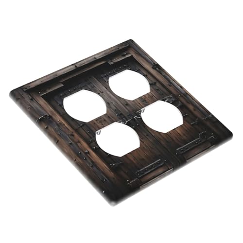 Decorative Outlet Covers Retro Brown Wood Barn Door Vintage Farmhouse 2 Gang Wall Plate Cover Double Duplex Receptacle Two Switch Light Switch Cover Plate Faceplate