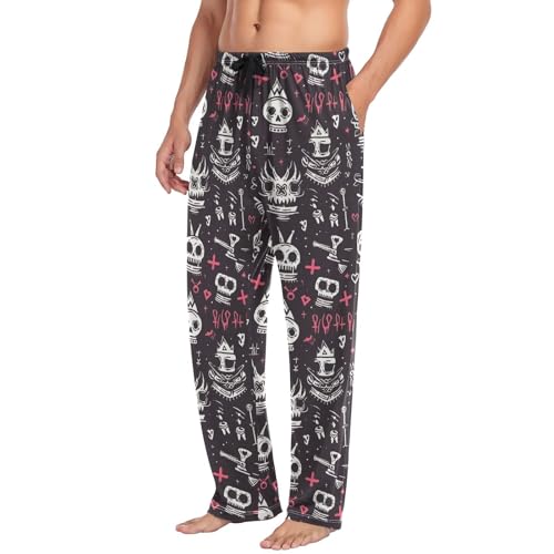 Men’s Colorful Skull Pattern Pajama Pants with Pockets, Comfortable Lounge Sleep Bottoms#1114