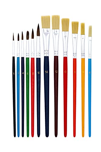 TSI Schulmalpinsel-Set 12tlg, Haarpinsel (Größe 1,2,4,6,8 und 10) - Borstenpinsel (Größe 4,6,8,10,12 und 14), Schaft farbig lackiert, Art. Nr. 49111