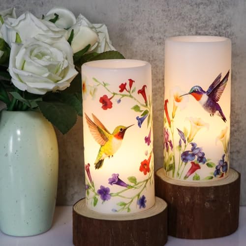 Image of Flameless Candles with Remote Timer, Hummingbird Floral LED Pillar Candles in Real Wax Holder, Battery Operated Candle for Easter Spring Decorations(2 Pack, 3 inch x 6 inch)
