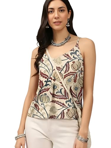 Image of Pinkmint Women Pure Cambric Cotton Printed Peplum Top | Sleeveless Spaghetti Strap Summer Casual Top for Women & Girls