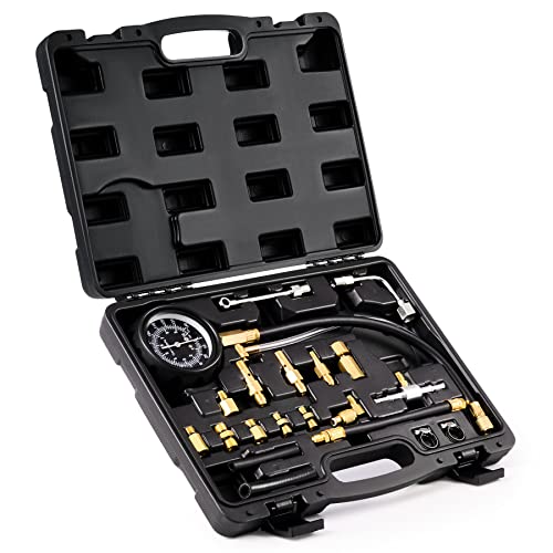 OMT Fuel Pressure Gauge, Fuel Pressure Test Kit Fuel Injection Tester with 0-140psi Fuel Gauge Tester Hoses Adapters, Gasoline Pressure Tester Fuel Injector Tester Snap On Car Truck Motorcycle ATV UTV
