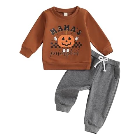 Arvbitana Toddler Boys Two Piece Halloween Outfit Long Sleeve Pumpkin Letter Pullover Sweatshirt Pants Fall Winter Clothes (A-Brown, 3-4 Years) Cover