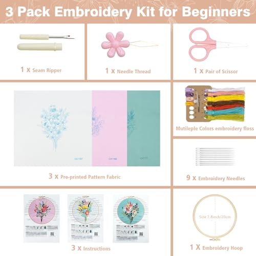 Image of RidaaFri Embroidery Kit for Beginners, Set of 3 Flower Pattern DIY Kits for Adults & Starter, Hand Embroidery Practice Set with Guide & Video Tutorial, Includes Hoop, Needles, Floss