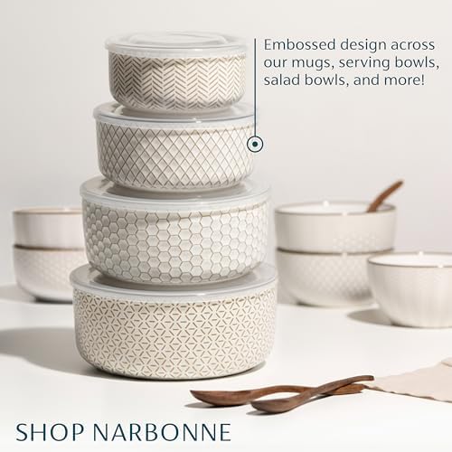 KooK Serving Bowls, with Lids, Ceramic Nesting Bowls, Set of 4, Embossed, Kitchen, Prep, Stackable, Gift, Microwave and Dishwasher Safe, 16/29/47/70 oz, Narbonne Collection (Ivory)