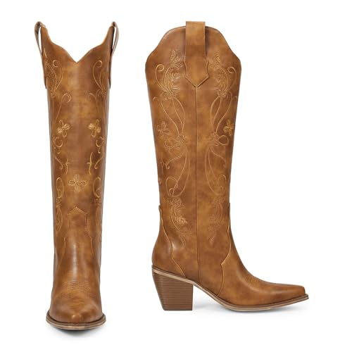 Image of wetkiss Women's Pointed Toe Cowboy Boots | Knee High Cowgirl Boots, Retro Embroidery, Chunky Heel, Pull-On, Style for a Classic Western Look,Stable and Comfortable