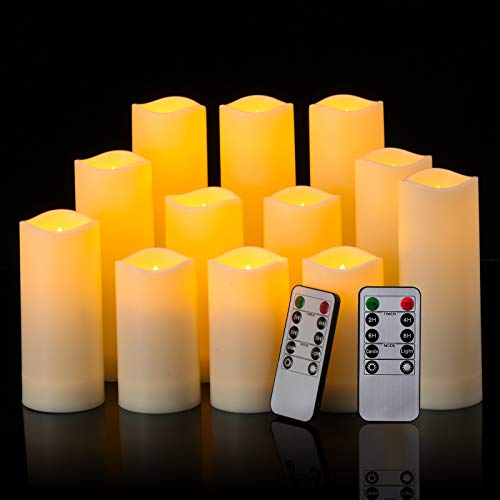 Image of Enpornk Waterproof Flickering Flameless Candles, Set of 12 Battery Operated Candles (D2.2'' x H4''5''6''7 inch), Outdoor Indoor Candles with 10-Key Timer Remote, Long Lasting