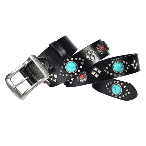 Studded Punk Women's Belt, Metal Pin Buckle Rock Personalized Turquoise Embellished Cowhide Belt3