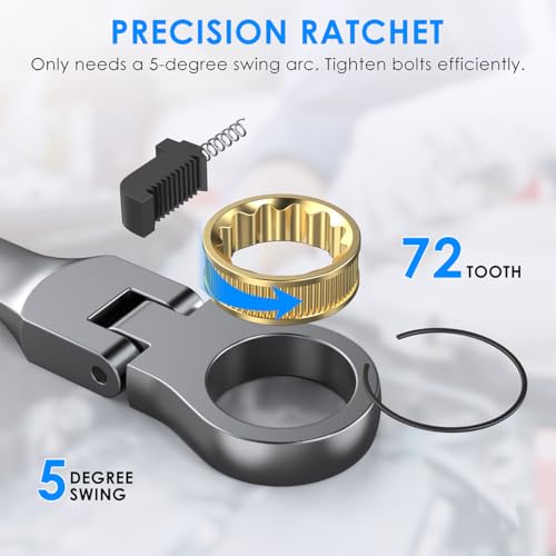 ENEACRO Scharnierratelsleutelset, 14-delig, 6-19mm, Flex-kop Anti-slip ringsteeksleutel, vorksleutel-ringsteeksleutelset, 72-tands, Cr-V, Vernikkeld, met roltasje - Afbeelding 5