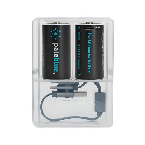 Rechargeable C Batteries with USB Charger by Pale Blue, Lithium Ion 1.5v 2800 mAh, Charges Under 3.5 Hours, Over 1000 Cycles, 2-in-1 USB to USB-C Charging Cable, LED Charge Indicator, 2-Pack