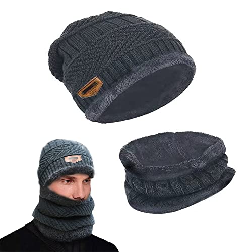 May Huang Bonnet Hat, Tricotés Hiver Bonnet Echarpe, Homme et Femme Chapeaux d'hiver Chauds, Bonnet Chapeau Écharpe Ensemble, Tour de Cou Doublure Polaire Tricoté nsemble Epais (Gris)