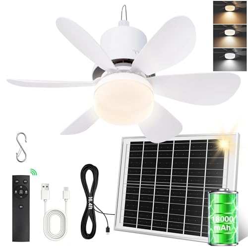 SCOPOW 44cm Solar Deckenventilator mit Beleuchtung USB-aufladbarer Deckenventilator mit Timer 18000mAh Akku Deckenventilator mit Haken Geeignet für Outdoor Camping Terrasse Garage