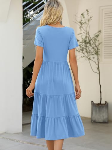 Image of Lyrur Women's Dresses Casual Summer Tiered Midi Dress Short Sleeve Belted Ruffle Babydoll Boho Sundress with Pockets