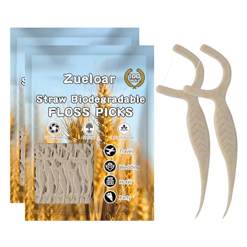 Straw Biodegradable Dental Floss Picks 200 Count Zueloar Eco Friendly Natural Vegan Plant Based Floss Sticks Tooth Flosser Clean for Adults Kids Oral Gum Care (200)