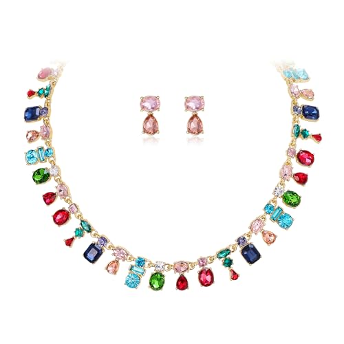 Collier ras du cou en pierre précieuse géométrique et cristal vert et doré de style rétro