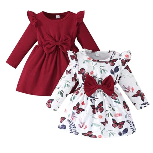 LUVCES Kleinkind Mädchen Kleid Set Süße Rüschenärmel Einfarbig/Geblümt Bedruckt Kleider mit Schleife Lässige 2er Pack Langarm Baby Kleid Rotwein 9-12 Monate