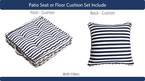 Image of Woven Quilted Floor Cushion Set 60x60x10 CM Navy Blue Stripe with Fillers & Back Cushion, Large Size for Seating, Patio Seat, Meditation, Yoga, Pooja, Guests, Living 24x24x4 Inch