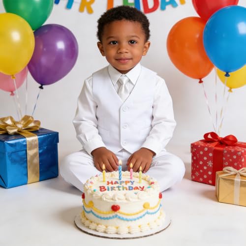 Image of Baby Boy Formal Suit for Toddler Infant Tuxedo Dress Suits | Little Gentleman, Wedding Ring Bearer Outfit, Vest Pants Long-Sleeve Shirt Tie, Birthday Party Christmas Prom, Classic