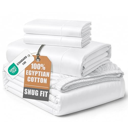 Image of LANE LINEN Cotton Bed Sheets King Egyptian Cotton Sateen - Brilliant White | Split Top King Sheets Sets For Adjustable Bed - 4-Piece Set, For Guests And Everyday Use, Buttery-Soft Silky Sateen