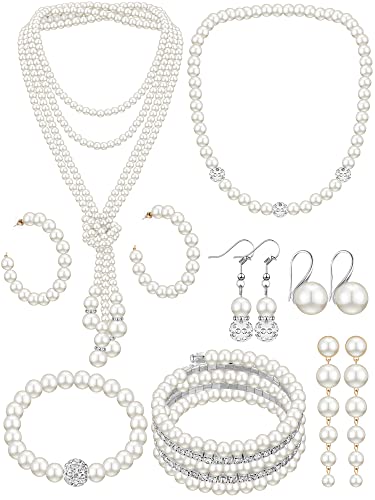 BBTO 8 Pcs Pearl Necklace and Earrings Set for Women Pearl Bracelets Costume Jewelry Set for Wedding Bridal Halloween Party