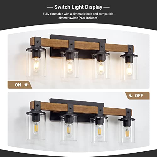 Farmhouse Vanity Light, 4-Light Rustic Bathroom Light Fixtures Over Mirror With Clear Glass Shade, Black Matte Bathroom Light Vintage, Farmhouse Vanity Lights For Bathroom(Wood, 4 Light) #TOP3