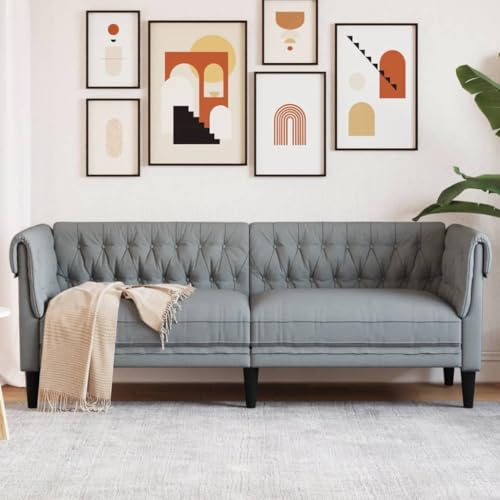Gecheer Sofá Chesterfield,Sofá Chesterfield de 3 plazas,Sofá Chester,Sofá Chaise Longue,Sofá cheslong,Sofás de salón Tela Gris Claro 201,5 x 74,5 x 74,5 cm
