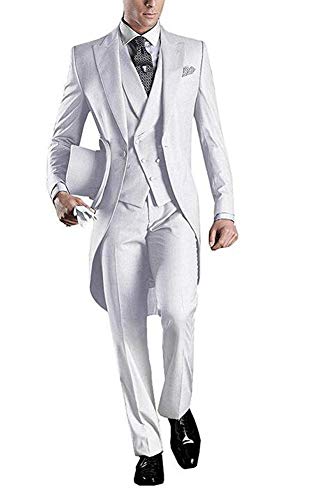 Herren Frack Anzüge Slim Fit 3-teilig V-Ausschnitt One Button Hochzeit Anzüge Bräutigam Smoking Gr. 52, weiß