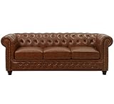 KMH Acogedor sofá Chesterfield de 3 plazas con funda de piel sintética marrón envejecido, cómodo sofá tapizado de diseño vintage, sofá de oficina