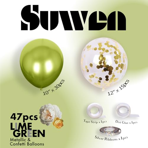 Image of SUWEN Metallic Lime Green and Confetti Balloons Set 47PCS Neon Green Latex | Helium Chrome Balloon for Birthday Anniversary Party Decorations