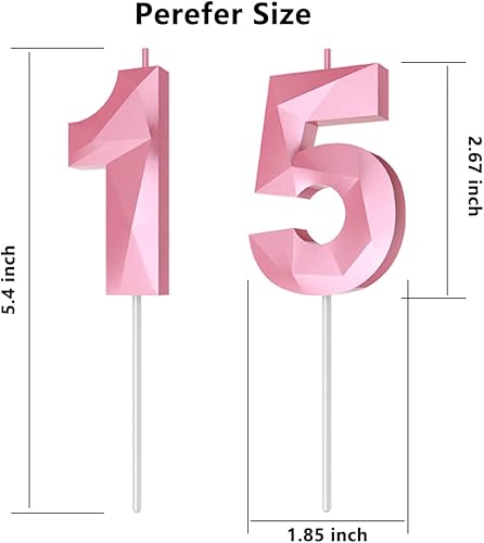 Miniatura 2 de Velas de cumpleaños con números (15 velas rosas) en forma de diamante 3D para decoración de pastel de cumpleaños número 15 para niñas y mujeres,