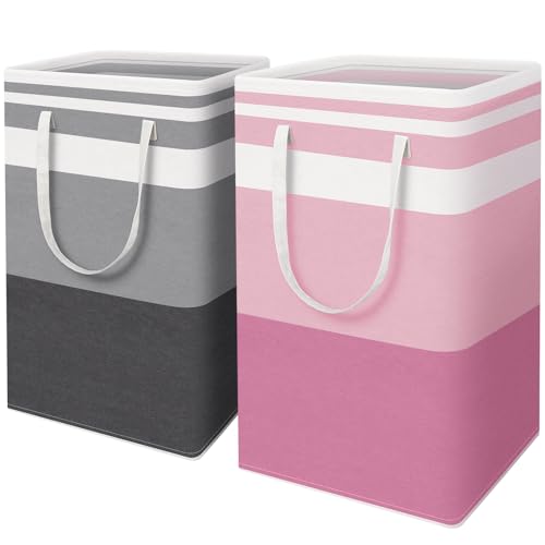 HomeHacks 2 Pack Large Laundry Baskets, Waterproof, Freestanding Laundry Hampers, Collapsible Clothes Hamper with Reinforced Handles in Laundry, College Dorm, Bathroom, Bedroom (Grey+Pink, 88Lx2)