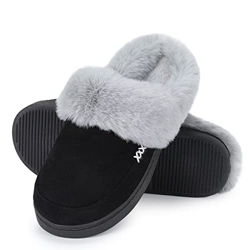 Ninecifun Women's And Men's Suede House Slippers Slip On Fuzzy Slippers With Faux Fur Lining Indoor Outdoor Home Shoes With Rubber Sole Black (Women's Size 7-8,Men's Size 5-6) #TOP3