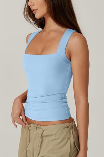 Image of QINSEN Women's Square Neck Sleeveless Double-Layer Tank Tops Basic Tight T Shirts