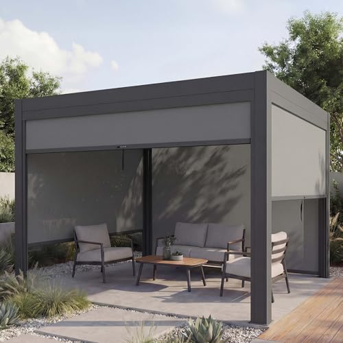 Pergola HWC-L46 mit Seitenwand, Lamellen-Pavillon Rollo, 10cm-Alu-Gestell, sturmfest 3x3m...