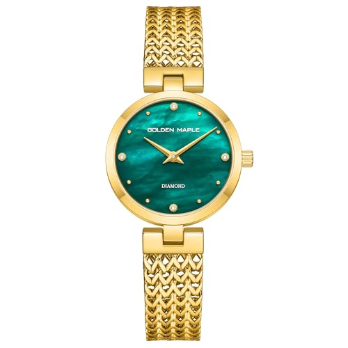 GOLDEN MAPLE Dainty Gold Watch for Women: Mother of Pearl Dial with Diamond Time Markers, Adjustable Bracelet and Stylish Watch Box