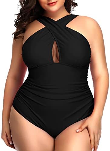 Daci Women Plus Size Swimsuits Tummy Control Black One Piece Bathing Suits Front Cross Keyhole Swimwear Black 22 Plus