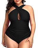 Daci Women Plus Size Swimsuits Tummy Control Black One Piece Bathing Suits Front Cross Keyhole Swimwear Black L
