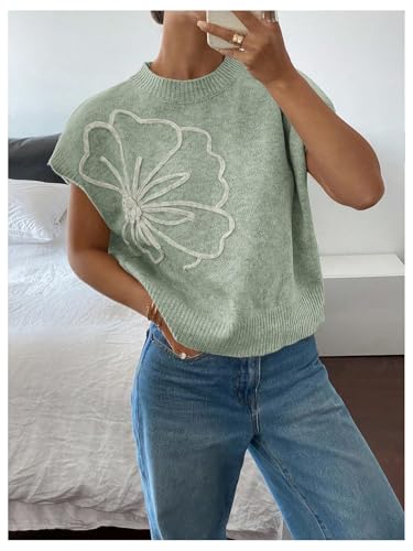 Image of SOLY HUX Women's Short Sleeve Sweater 3D Floral Sweaters Pullover Tank Tops Knit Vest Trendy Fashion Clothing