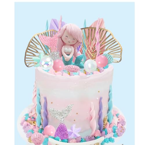 Mermaid Cake Topper Under The Sea Cake Toppers set with Little Mermaid Seaweed Bubble Golden Leaves for Mermaid Birthday
