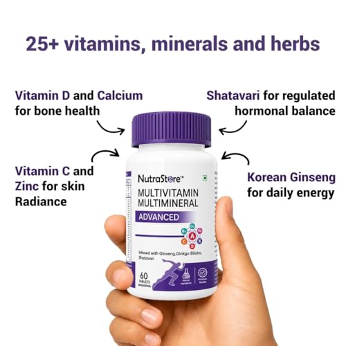 Image of NutraStore Multivitamin Multimineral Advanced Supplements for Men & Women | Multivitamin Tablets with Ginseng, Vitamins A, C, D3 & K2 | Energy, Immunity, Muscle Recovery & Wellness | 60 Veg Tablets ( Pack of 5 )