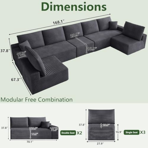 Image of Oversized Modular Sectional Sofa Couch, Large 7 Seater Corner Sofa Modern U Shaped Sectional Couch Cloud Couches for Living Room, Office, Spacious Space, Corduroy, No Assembly Required, Dark Grey