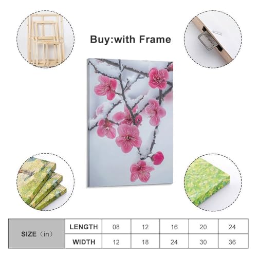 Poster moderne paysage fleurs de prunier roses sous la neige avec cadre jiduhon 40x60cm