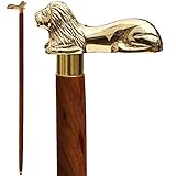 Medieval Replicas 37.2' Brown Wooden Walking Stick - Wood Cane with Golden Lion Brass Handle -...