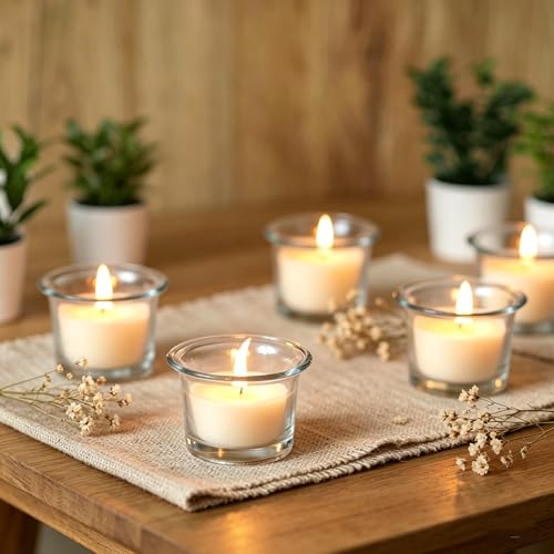 Image of HOSLEY Oyster Cup Clear Glass Filled Candles 48 Pack Ivory Hand Poured Unscented Wax Candles for Home Restaurants Shabbat Church Weddings Romantic Moments Party Spa Meditation