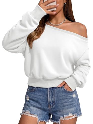 ATHMILE Womens White Off the Shoulder Sweatshirt Crop Top Long Sleeve Pullover Comfy Sexy Y2K Casual Fall Outfits 2026
