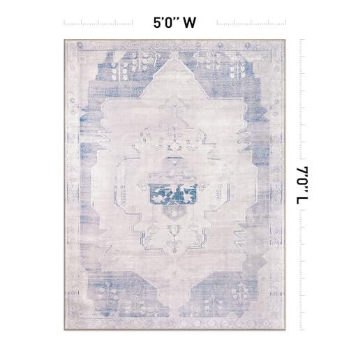 Rugshop Vintage Medallion Machine Washable Non Slip Area Rug Ideal for Living Room, Bedroom,Kitchen,Entryway,Dining Room,Office 5' x 7' Blue/Cream