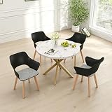 Moderno set da pranzo nordico, tavolo rotondo da 100 cm con 4 sedie imbottite, gambe in legno di faggio e marmo, design per sala da pranzo, soggiorno, cucina (marmo-GD + nero)