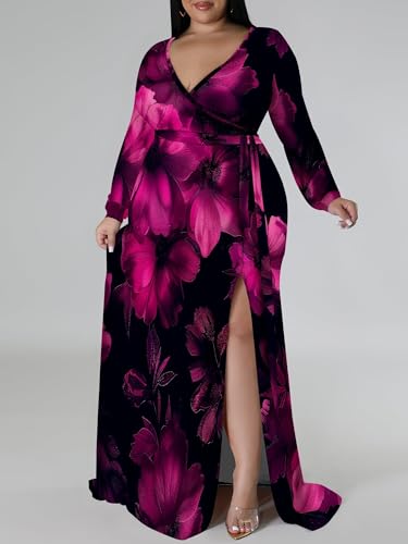 Image of PinkPatty Women's Plus Size Long Sleeve Maxi Dress Casual V Neck Slit Tie Waist Wrap Dresses for Party Cocktail